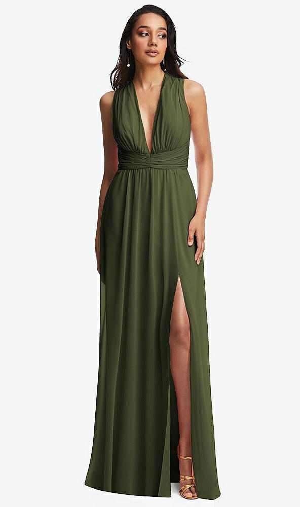 Front View - Olive Green Shirred Deep Plunge Neck Closed Back Chiffon Maxi Dress 