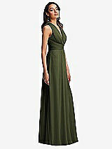 Side View Thumbnail - Olive Green Shirred Deep Plunge Neck Closed Back Chiffon Maxi Dress 