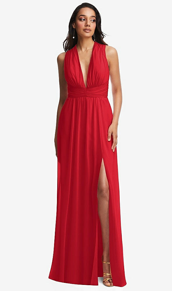 Front View - Parisian Red Shirred Deep Plunge Neck Closed Back Chiffon Maxi Dress 