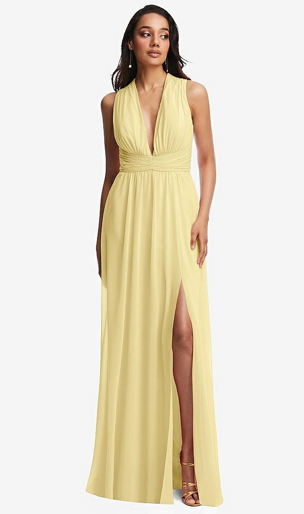 Front View - Pale Yellow Shirred Deep Plunge Neck Closed Back Chiffon Maxi Dress 