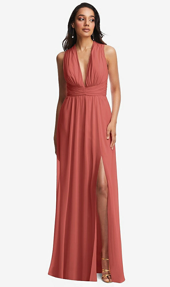 Front View - Coral Pink Shirred Deep Plunge Neck Closed Back Chiffon Maxi Dress 