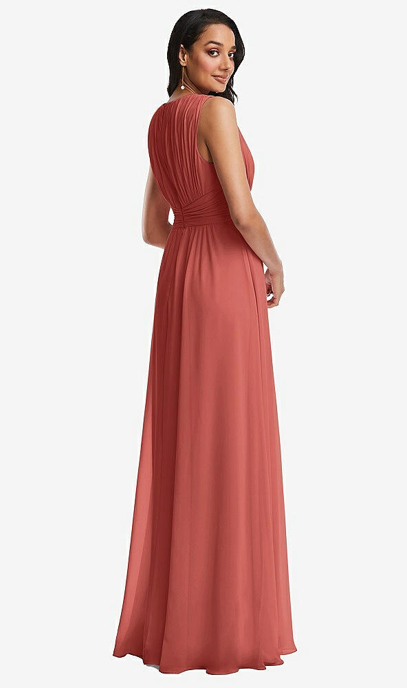 Back View - Coral Pink Shirred Deep Plunge Neck Closed Back Chiffon Maxi Dress 