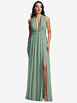 Front View Thumbnail - Seagrass Shirred Deep Plunge Neck Closed Back Chiffon Maxi Dress 