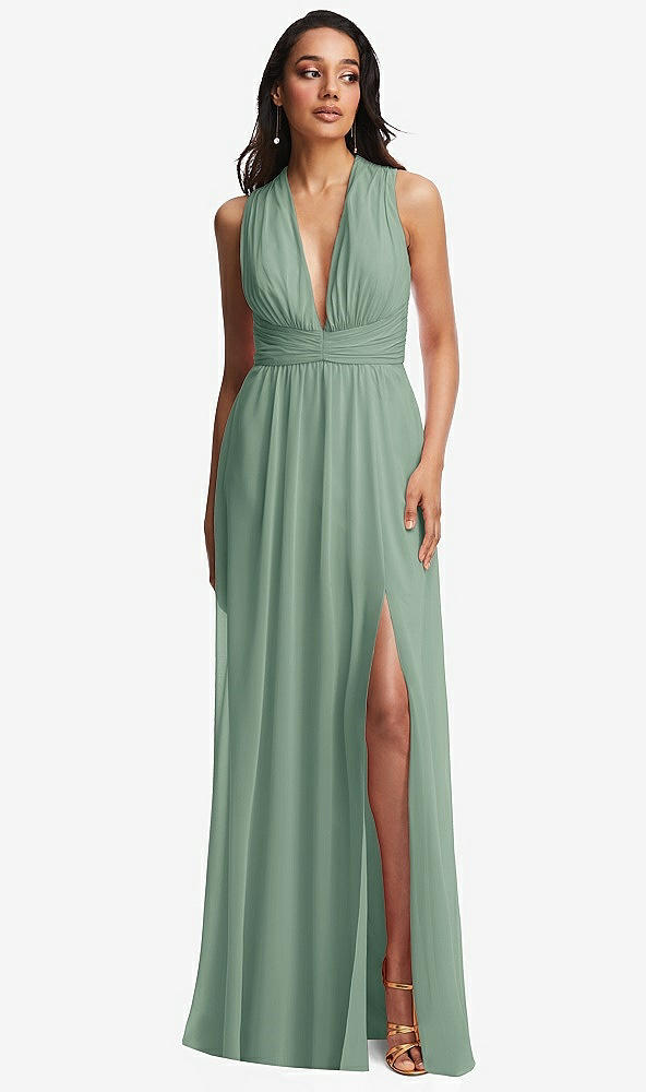Front View - Seagrass Shirred Deep Plunge Neck Closed Back Chiffon Maxi Dress 