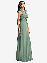Side View Thumbnail - Seagrass Shirred Deep Plunge Neck Closed Back Chiffon Maxi Dress 
