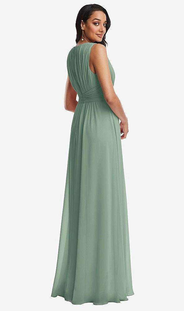 Back View - Seagrass Shirred Deep Plunge Neck Closed Back Chiffon Maxi Dress 