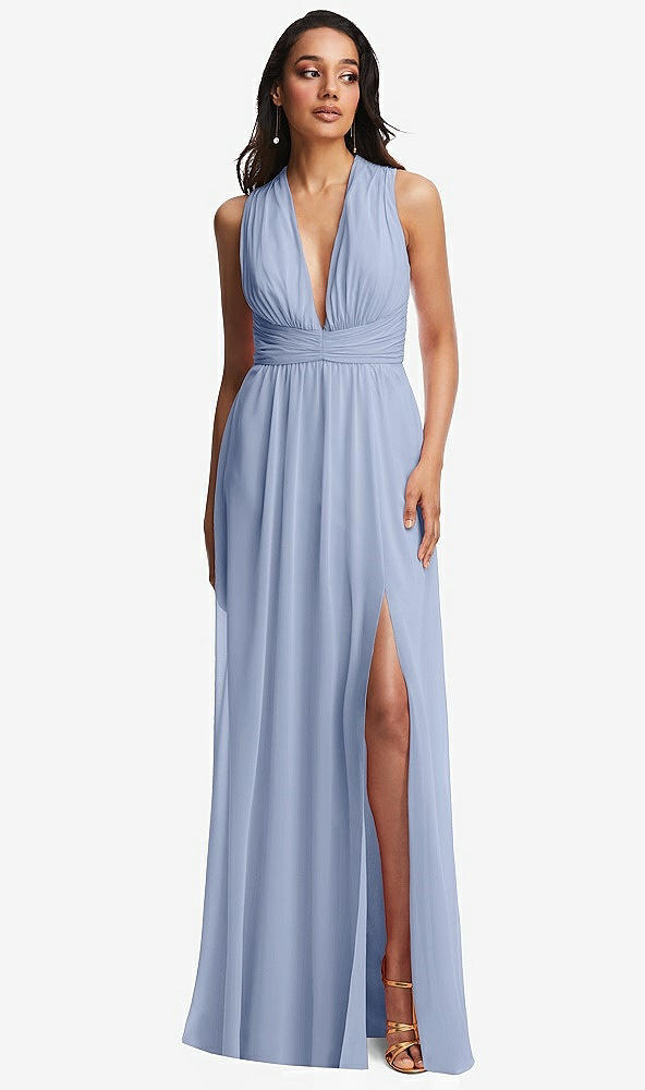 Front View - Sky Blue Shirred Deep Plunge Neck Closed Back Chiffon Maxi Dress 