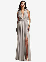 Front View Thumbnail - Taupe Shirred Deep Plunge Neck Closed Back Chiffon Maxi Dress 