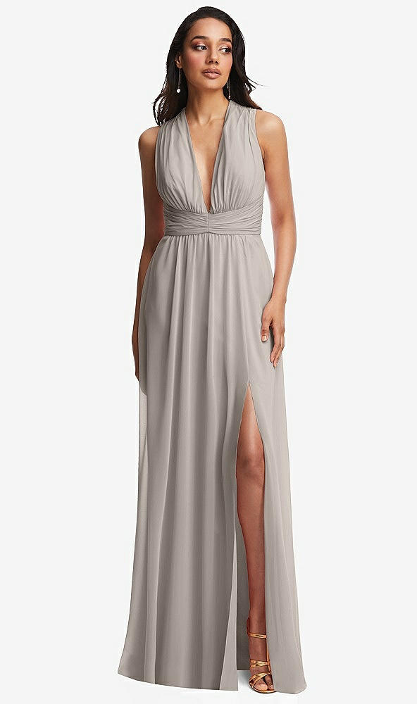 Front View - Taupe Shirred Deep Plunge Neck Closed Back Chiffon Maxi Dress 
