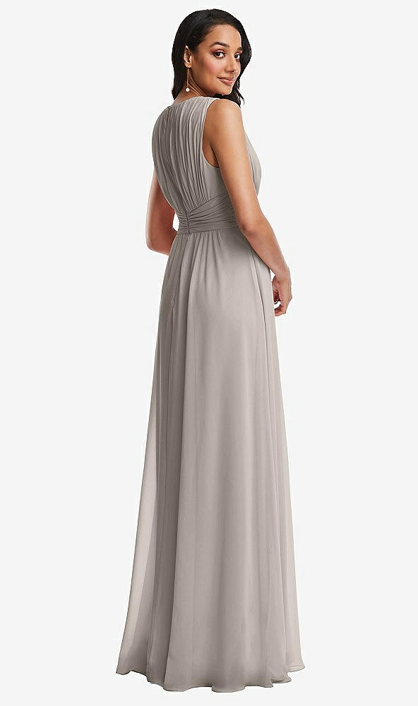 Back View - Taupe Shirred Deep Plunge Neck Closed Back Chiffon Maxi Dress 