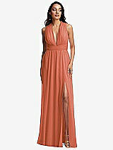 Front View Thumbnail - Terracotta Copper Shirred Deep Plunge Neck Closed Back Chiffon Maxi Dress 