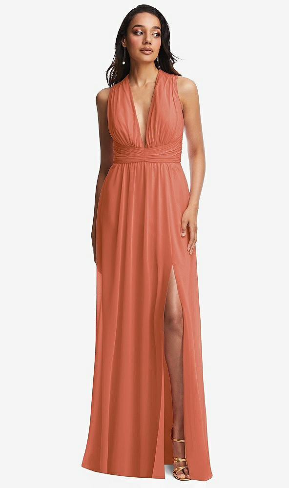 Front View - Terracotta Copper Shirred Deep Plunge Neck Closed Back Chiffon Maxi Dress 