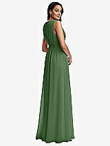 Rear View Thumbnail - Vineyard Green Shirred Deep Plunge Neck Closed Back Chiffon Maxi Dress 