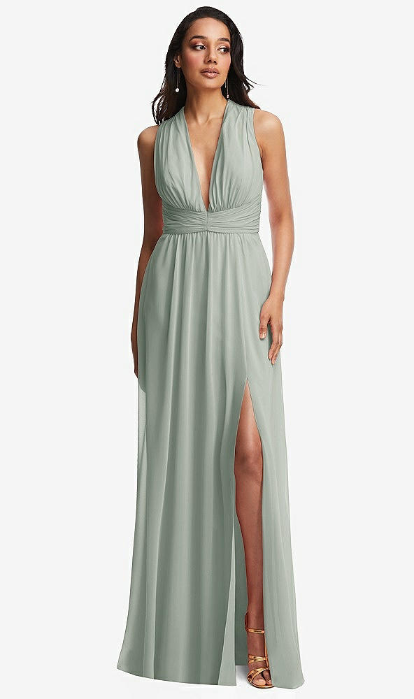 Front View - Willow Green Shirred Deep Plunge Neck Closed Back Chiffon Maxi Dress 