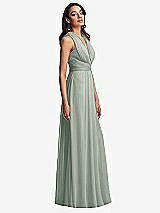 Side View Thumbnail - Willow Green Shirred Deep Plunge Neck Closed Back Chiffon Maxi Dress 