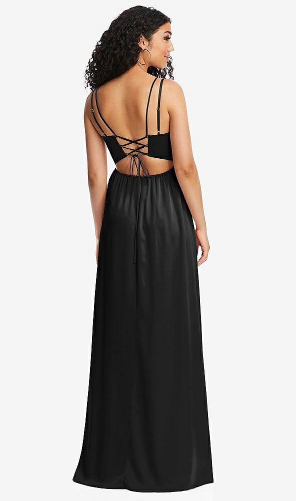 Back View - Black Dual Strap V-Neck Lace-Up Open-Back Maxi Dress