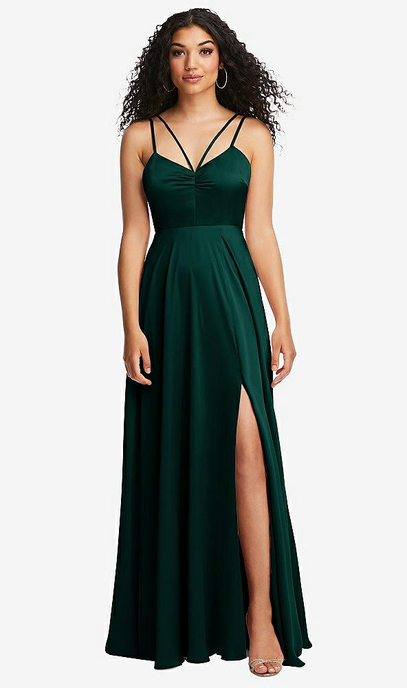 Front View - Evergreen Dual Strap V-Neck Lace-Up Open-Back Maxi Dress