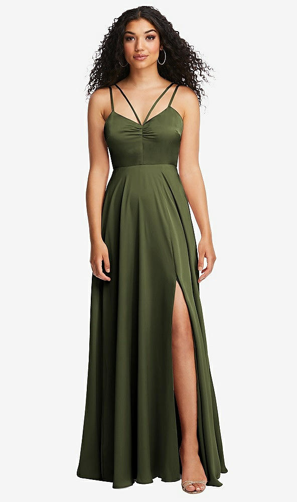 Front View - Olive Green Dual Strap V-Neck Lace-Up Open-Back Maxi Dress