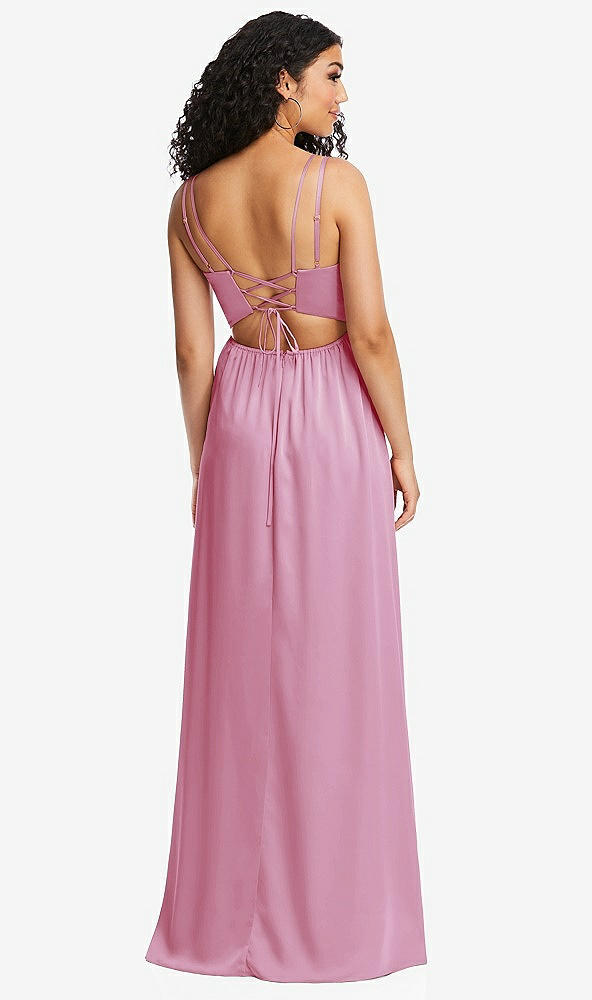 Back View - Powder Pink Dual Strap V-Neck Lace-Up Open-Back Maxi Dress