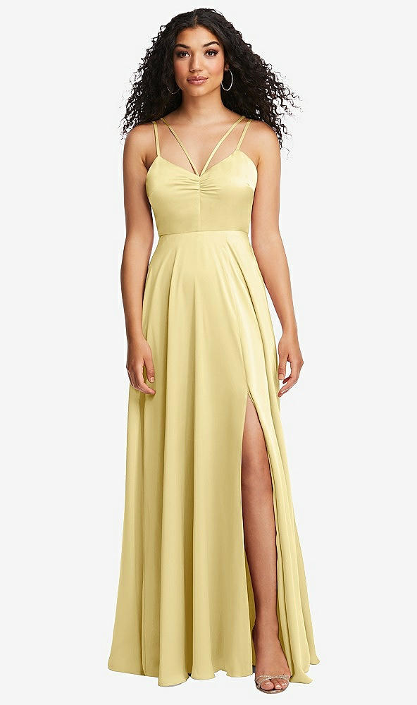 Front View - Pale Yellow Dual Strap V-Neck Lace-Up Open-Back Maxi Dress