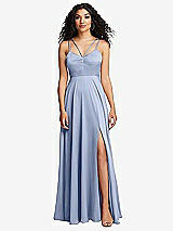 Front View Thumbnail - Sky Blue Dual Strap V-Neck Lace-Up Open-Back Maxi Dress