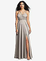Front View Thumbnail - Taupe Dual Strap V-Neck Lace-Up Open-Back Maxi Dress
