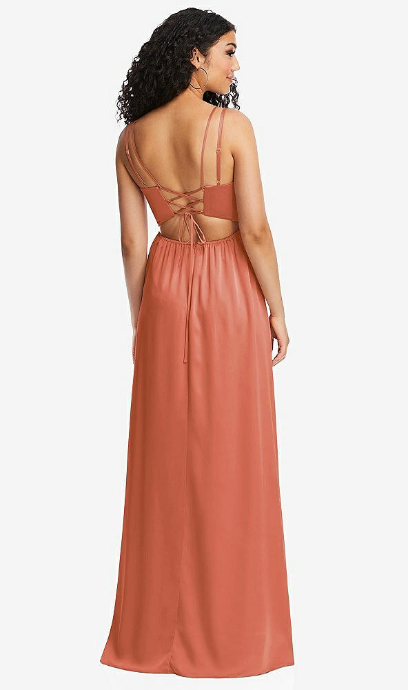 Back View - Terracotta Copper Dual Strap V-Neck Lace-Up Open-Back Maxi Dress