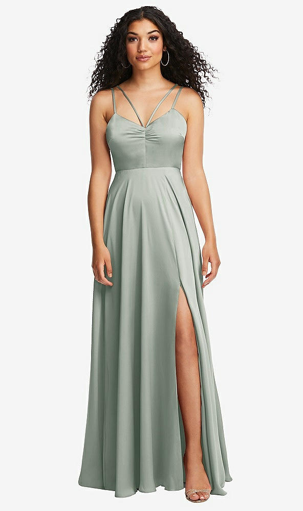 Front View - Willow Green Dual Strap V-Neck Lace-Up Open-Back Maxi Dress
