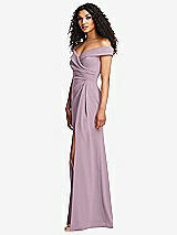 Side View Thumbnail - Suede Rose Cuffed Off-the-Shoulder Pleated Faux Wrap Maxi Dress