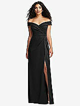Front View Thumbnail - Black Cuffed Off-the-Shoulder Pleated Faux Wrap Maxi Dress