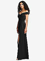 Side View Thumbnail - Black Cuffed Off-the-Shoulder Pleated Faux Wrap Maxi Dress