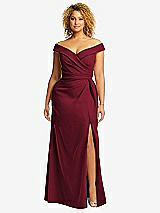 Alt View 1 Thumbnail - Burgundy Cuffed Off-the-Shoulder Pleated Faux Wrap Maxi Dress