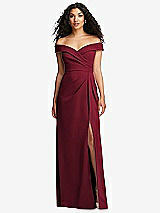 Front View Thumbnail - Burgundy Cuffed Off-the-Shoulder Pleated Faux Wrap Maxi Dress