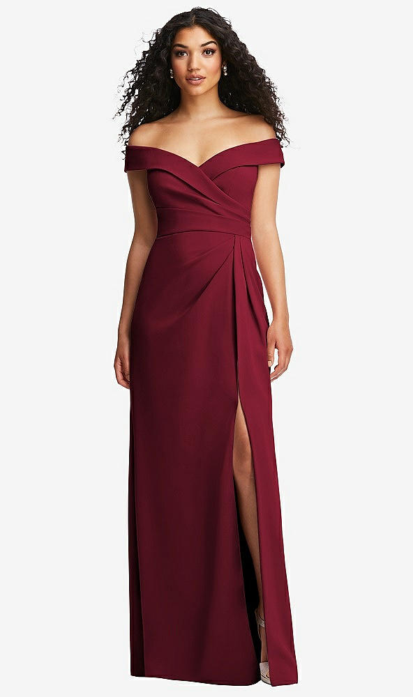Front View - Burgundy Cuffed Off-the-Shoulder Pleated Faux Wrap Maxi Dress