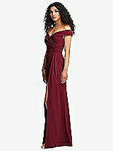 Side View Thumbnail - Burgundy Cuffed Off-the-Shoulder Pleated Faux Wrap Maxi Dress