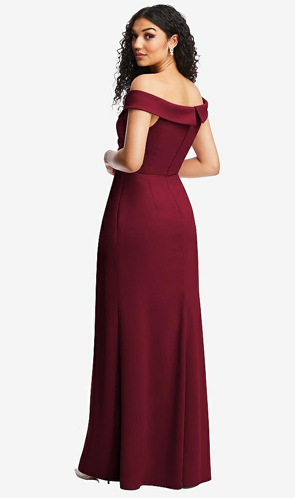 Back View - Burgundy Cuffed Off-the-Shoulder Pleated Faux Wrap Maxi Dress