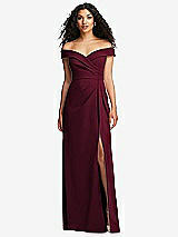 Front View Thumbnail - Cabernet Cuffed Off-the-Shoulder Pleated Faux Wrap Maxi Dress
