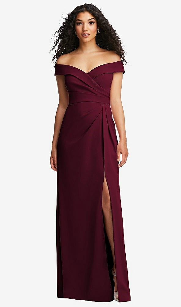 Front View - Cabernet Cuffed Off-the-Shoulder Pleated Faux Wrap Maxi Dress