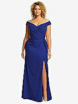 Alt View 1 Thumbnail - Cobalt Blue Cuffed Off-the-Shoulder Pleated Faux Wrap Maxi Dress
