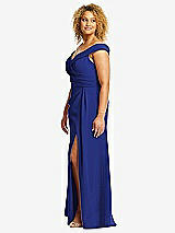 Alt View 2 Thumbnail - Cobalt Blue Cuffed Off-the-Shoulder Pleated Faux Wrap Maxi Dress
