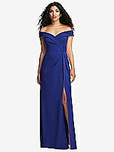 Front View Thumbnail - Cobalt Blue Cuffed Off-the-Shoulder Pleated Faux Wrap Maxi Dress