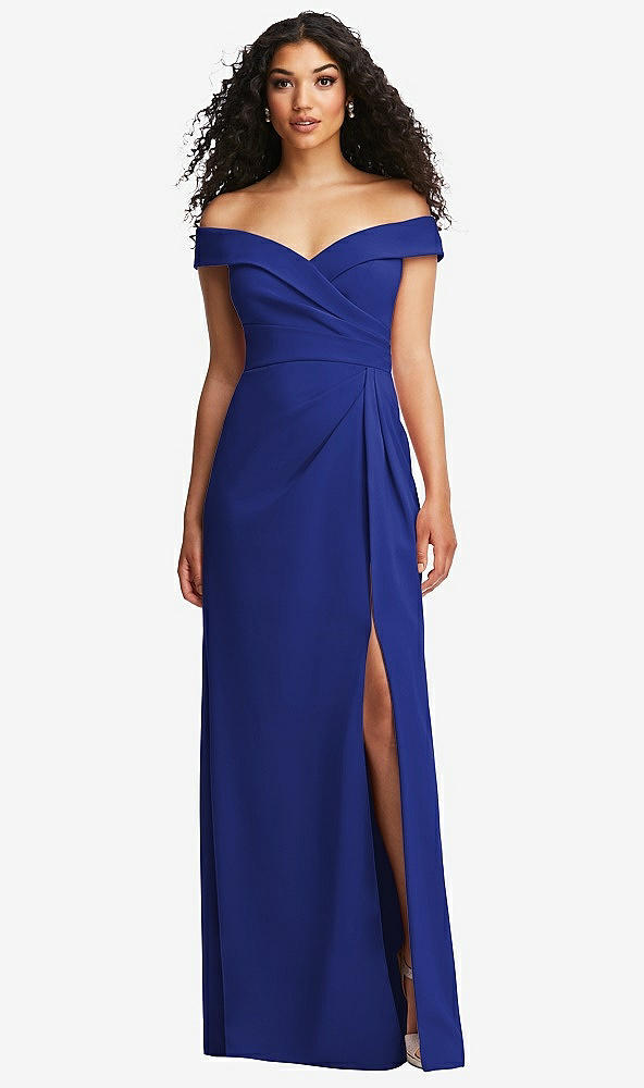 Front View - Cobalt Blue Cuffed Off-the-Shoulder Pleated Faux Wrap Maxi Dress