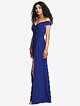 Side View Thumbnail - Cobalt Blue Cuffed Off-the-Shoulder Pleated Faux Wrap Maxi Dress