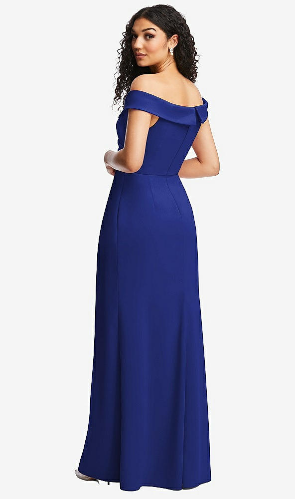 Back View - Cobalt Blue Cuffed Off-the-Shoulder Pleated Faux Wrap Maxi Dress