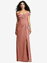 Front View Thumbnail - Desert Rose Cuffed Off-the-Shoulder Pleated Faux Wrap Maxi Dress