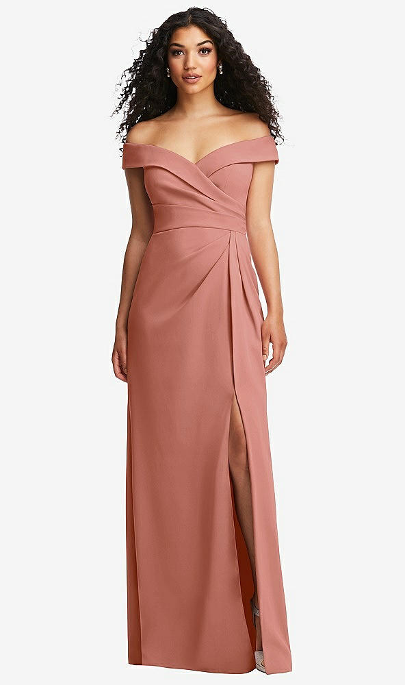 Front View - Desert Rose Cuffed Off-the-Shoulder Pleated Faux Wrap Maxi Dress