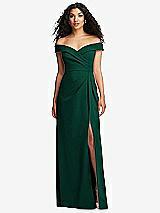 Front View Thumbnail - Hunter Green Cuffed Off-the-Shoulder Pleated Faux Wrap Maxi Dress
