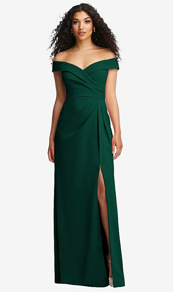 Front View - Hunter Green Cuffed Off-the-Shoulder Pleated Faux Wrap Maxi Dress
