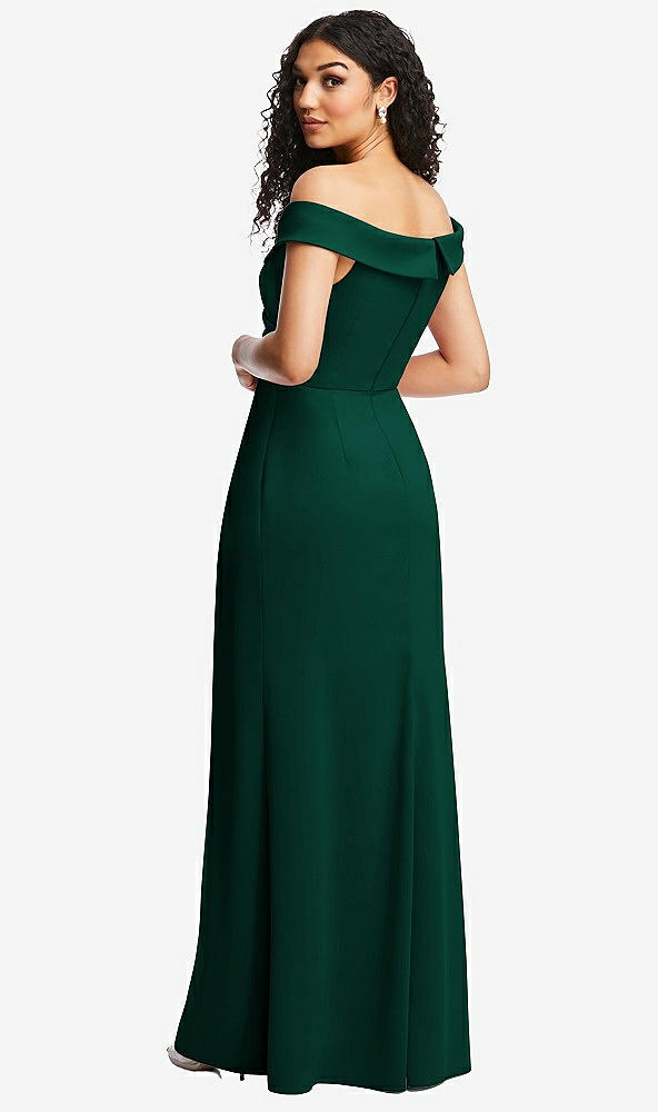 Back View - Hunter Green Cuffed Off-the-Shoulder Pleated Faux Wrap Maxi Dress