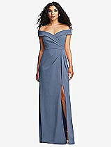 Front View Thumbnail - Larkspur Blue Cuffed Off-the-Shoulder Pleated Faux Wrap Maxi Dress